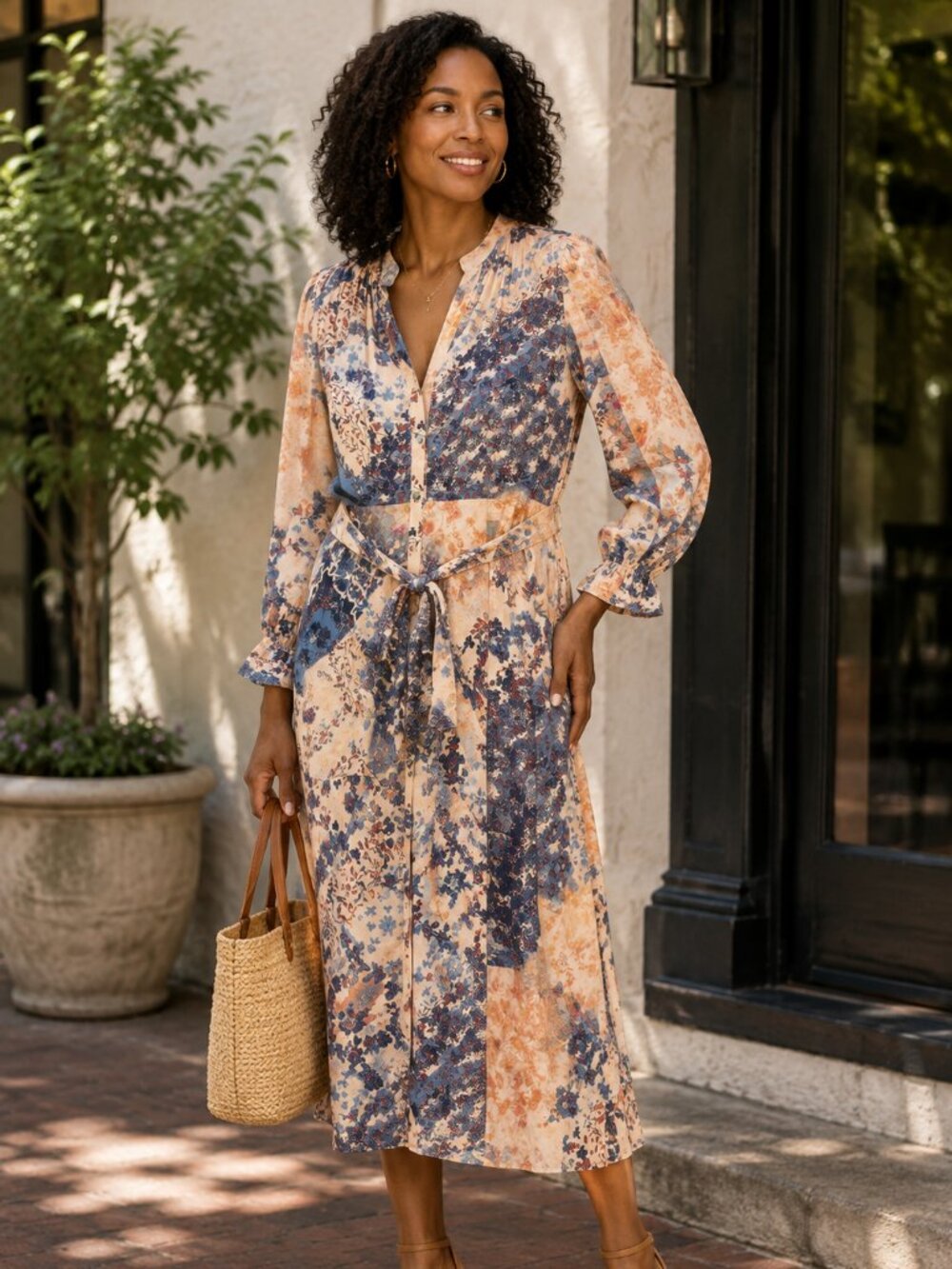Soft Surroundings Floral Button Front Midi Dress Belted Boho 100% Viscose Large
